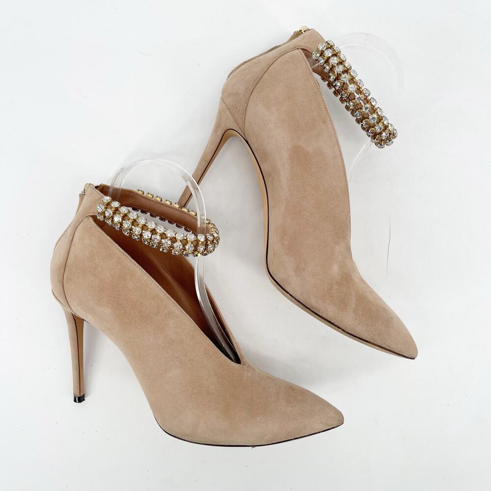 Jimmy Choo Beige Suede Lux 100 Crystal Vamp Pointed Toe Bootie Heels IT 40 - Picture 3 of 13